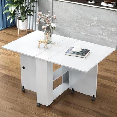 Imagem de Mesa de jantar dobrável, mesa de jantar dobrável, mesa de jantar dobrável com 6 rodas e prateleira de armazenamento de 2 camadas, mesa de folhas suspensas para espaços pequenos, cozinha, sala de estar
