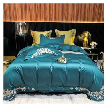 Imagem de Jogo de cama luxuoso de algodão 1000TC bordado capa de edredom conjunto de lençol plano fronha 4 peças conjunto de cama para adultos (4 Queen)
