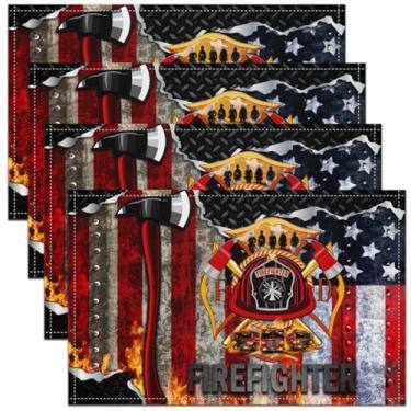 Imagem de Jogo americano de bombeiro, conjunto de 4 tapetes de mesa duráveis laváveis com machado vermelho com bandeira americana 30 x 45 cm