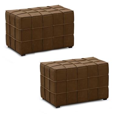 Imagem de Kit 2 Puffs Decorativos Augusto 70cm Sala de Estar Couro Marrom Claro Manchado G88 - Gran Belo