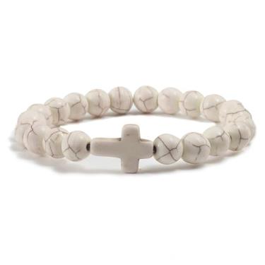 Imagem de Pulseira com contas de pedra vulcânica, pingente de cruz, contas de pedra vulcânica natural, pulseira elástica turquesa para mulheres e homens, joias religiosas, presente de batismo, Medium, Pedra