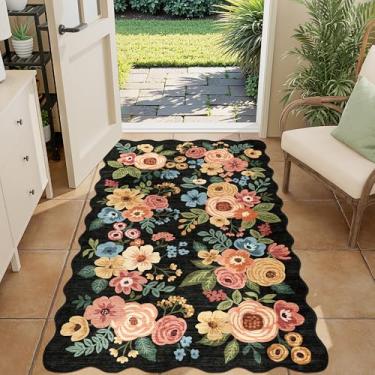 Imagem de DUKINO Tapete de área 7,5 x 12,5 cm, floral, antiderrapante, lavável, com pelo baixo e sem queda, tapete leve com design boho para entrada, quarto, quarto infantil, sala de estar, cozinha, preto
