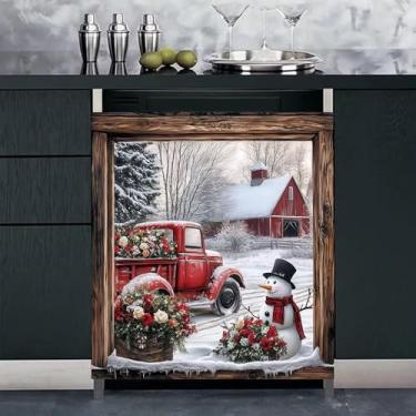 Imagem de Capa de ímã de lava-louças buquê de caminhão vermelho, painel de cobertura de boneco de neve de celeiro vermelho, protetor de envoltório de eletrodoméstico, adesivo magnético de vinil de geladeira
