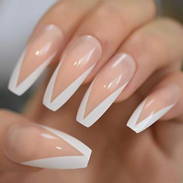 Imagem de Unhas postiças brancas nude brilhantes para unhas postiças de caixão longo