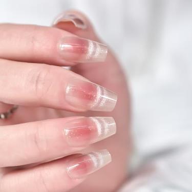 Imagem de Unhas postiças de comprimento médio brilhante vermelho rosa brilhante caixão unhas postiças gel olho de gato acrílico dicas de arte de unhas falsas kits de manicure
