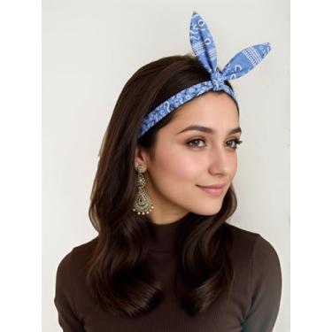 Imagem de Bandana para mulheres, faixa de cabeça com estampa retrô de nó, estampa paisley, ajustável, azul