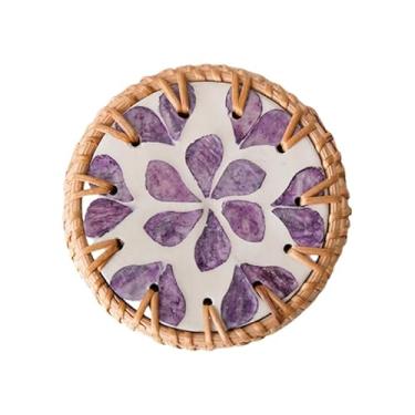 Imagem de 1 bandeja redonda de vime com base isolada, cesta de vime decorativa para decoração de mesa, exibição de café e suco de laranja (Bohemia)