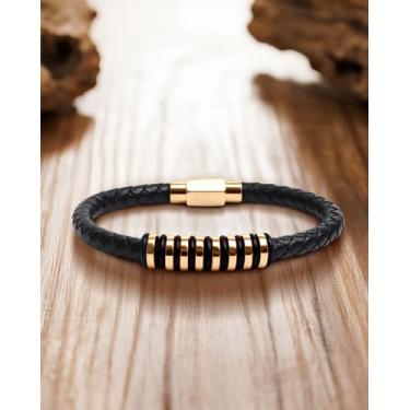 Imagem de Pulseira masculina de aço inoxidável com listras horizontais pequenas de ouro e preto - presente de joia vintage, pulseira aberta, estilo geométrico BLC452-01