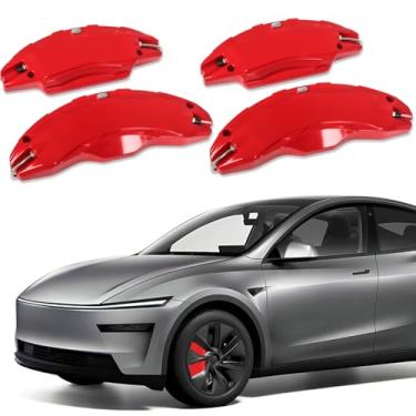 Imagem de Tampas de pinça de freio compatíveis com Tesla Model Y Juniper 2025-2026 polegadas Cubo de roda de freio dianteiro e traseiro Capas de pinça de freio 4 peças para acessórios modelo Y Juniper vermelho