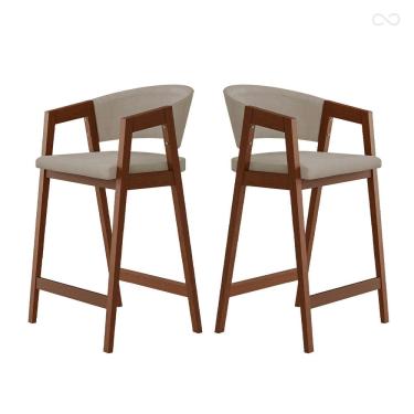 Imagem de Kit 2 Banquetas Alta de Madeira Maciça Pinhão Ravena com Encosto Suede Bege CCS