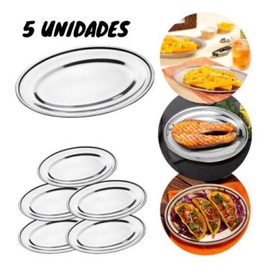 Imagem de Kit 5 Travessas Inox 25cm Rasa Bandeja Porção Comida Salada - Em Casa 