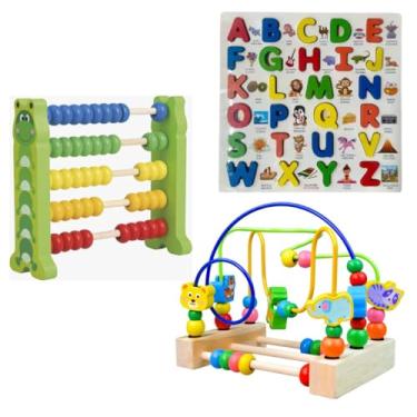 Imagem de Kit Educativo 3 Brinquedos de Madeira, Aramado Montanha Russa, Ábaco e Tabuleiro Alfabeto, para Crianças Acima de 3 Anos