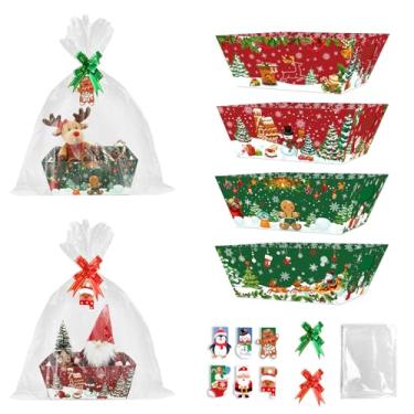 Imagem de Rojuna Pacote com 24 cestas de Natal, 15 x 20 cm, cestas de presente vazias, cesta de papelão com laços de celofane, cartão de felicitações para decoração de festa de Natal, Natal