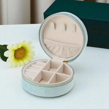 Imagem de 1 caixa de joias portátil caixa de joias redonda seda pelúcia forro ciano claro 10 x 10 x 5 cm