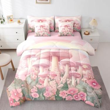 Imagem de Erosebridal Jogo de cama solteiro de cogumelo rosa, cogumelo psicodélico, 7 peças, cama de fungo hippie trippy em uma bolsa, planta botânica selvagem natural com edredom para quarto de meninas e