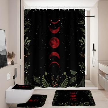 Imagem de Coxila Conjunto de cortina de chuveiro lua vermelha preta gótica gótica bruxa assustadora escura temperamental espaço estrela celestial capa de tampa de vaso sanitário em forma de U 4 peças decoração
