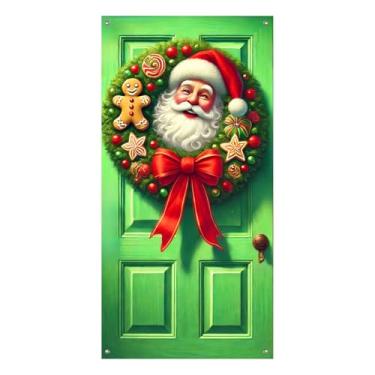 Imagem de BlissYard Capa para porta de Feliz Natal, 89 x 188 cm, banners de porta de varanda, decoração de inverno, guirlanda de Papai Noel com laço vermelho e biscoitos de gengibre para sinalização de festas