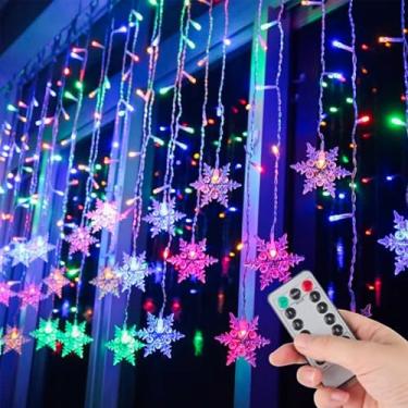 Imagem de AiPertop Luzes de cortina de floco de neve, 108 luzes de LED multicoloridas de 3 m com pingentes de floco de neve, controle remoto alimentado por USB, 8 modos, vinculável x5, à prova d'água IPX4 para