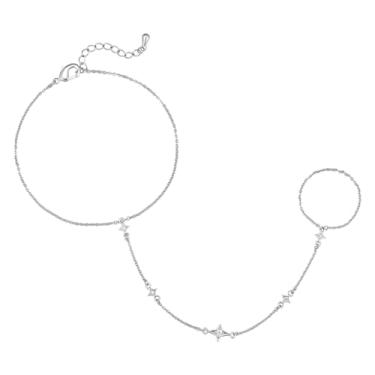Imagem de MINDDHA Pulseira feminina banhada a ouro 14 quilates / ouro branco | Pulseira delicada de zircônia cúbica e anel de joia corporal | Estrela, estilo princesa estilo corrente ajustável, adjustable