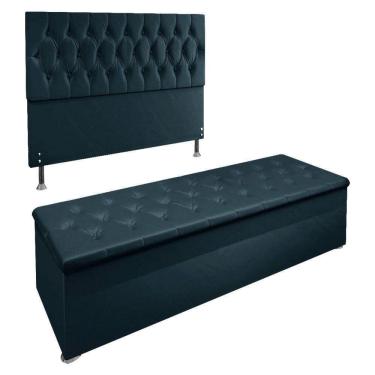 Imagem de Kit Cabeceira E Calçadeira Baú Casal 1,40m Madrid Suede - Pallazio Cor Azul Marinho