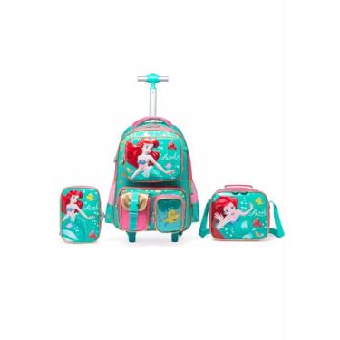Imagem de Kit Mochila Rodinha Disney Lancheira Estojo Escolar Ariel