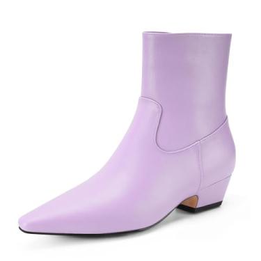 Imagem de Perisis Bota feminina de cano curto, bico fino, grosso, salto baixo, confortável, casual, com zíper lateral, PU roxo claro, 35