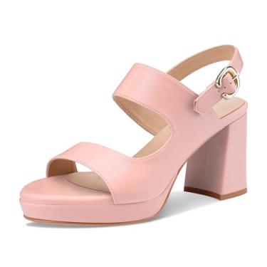 Imagem de Perisis Sandálias de salto plataforma para mulheres, confortável, salto grosso, bico aberto, tira no tornozelo, salto médio, sandálias com tiras de salto médio, sapatos sociais de festa de verão, Rosa
