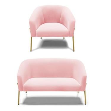 Imagem de Sofá Namoradeira e Poltrona Pé de Ferro Dourado Stella Suede Rosa Bebê