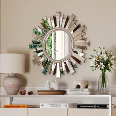 Imagem de MYOTA Espelho de parede redondo grande de 66 cm para decoração, espelho decorativo com moldura de vidro chanfrado 3D, decoração de parede moderna de prata Sunburst para sala de estar, sala de jantar