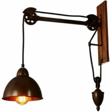 Imagem de Candeeiro de parede polia industrial arandela de parede com fio de pendurar vintage E27 lâmpada de ferro forjado e madeira iluminação retrô de loft