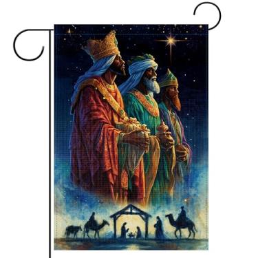 Imagem de Bandeira de jardim de Natal para exterior, presépio de três homens sábios com estrela de Belém, decoração de jardim ao ar livre, decoração de gramado de varanda de férias religiosa (30 x 45 cm)