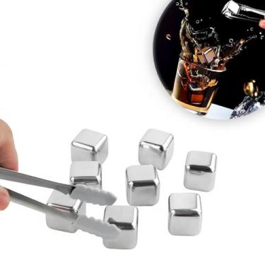 Imagem de Conjunto de 8 Cubos de Gelo em Aço Inox com Pegador, Ideal para Whisky e Drinks, Manual, Tamanho Padrão, Forma Redonda, Lavável em Lava-Louças