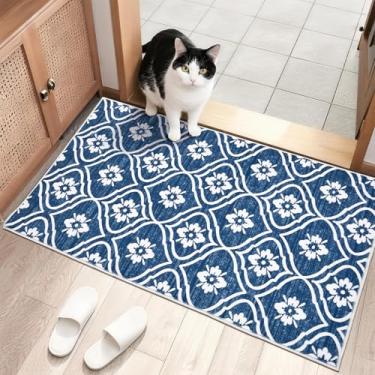 Imagem de EcoNest Tapete azul lavável para sala de estar, tapete geométrico, boêmio, macio, marroquino, estampado, antiderrapante, para uso interno, cozinha, banheiro