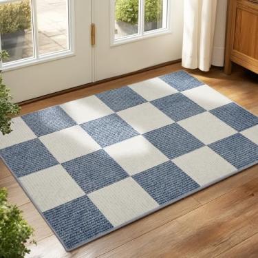 Imagem de Tapete de porta lavável, entrada interna, tapete quadriculado 5 x 7 cm, tapete de área azul e branco, tapete interno leve de pilha baixa com suporte antiderrapante para quarto, sala de aula, sala de