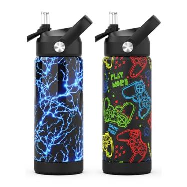 Imagem de Garrafa de água para meninos com canudo, copos isolados de aço inoxidável à prova de vazamento de 510 g para escola, esporte e viagem (pacote com 2, Lightning + Game-Graffitig)
