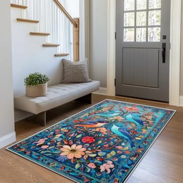 Imagem de Tapetes de área de pássaros 7,5 x 12,5 cm, floral, botânico, azul, para banheiro, cozinha, entrada, interior, macio, antiderrapante, tapete fino, moderno, abstrato, para escritório, sala de jantar