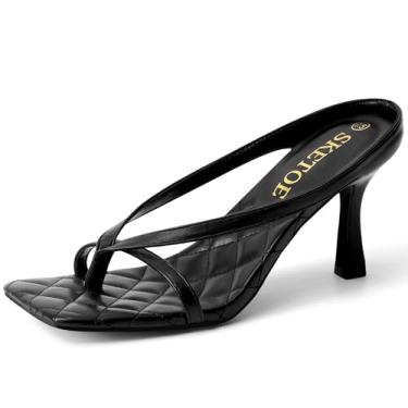 Imagem de SKETOE Sandálias femininas de salto gatinho com bico aberto quadradas, elegantes para festa de casamento, chinelos com tira em T, salto alto de 7,6 cm, Preto, 39