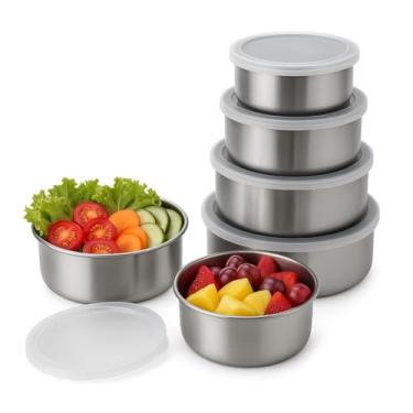 Imagem de Conjunto de 5 Bowls Tigelas em Inox com Tampas Jogo de Potes Versáteis de 200ml a 1400ml Saladeira Utensílios Para Cozinha Premium