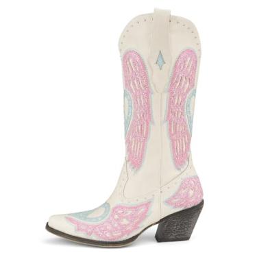 Imagem de Perisis Botas de caubói de panturrilha larga, botas de cowboy ocidentais, retrô, clássicas, bordadas, botas country bordadas, bico fino, salto grosso, vintage, botas de cano alto com strass brilhante