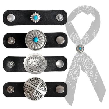 Imagem de CZMZHFC 4 peças bandana faroeste clipes com fecho de anel, fivela deslizante de lenço de pescoço para homens e mulheres, fivela de cachecol de couro PU acessórios de padrão vintage, acessórios de