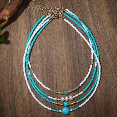 Imagem de Coleção de colares em camadas com contas, 5 estilos de colares boho com detalhes de pérola e pedras preciosas para mulheres, joias modernas para uso diário e férias, One Size, Metal Vidro, Sem Pedra