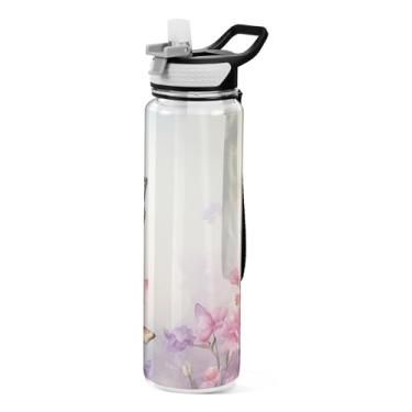 Imagem de ATTX Garrafa de água rosa borboletas, 947 g, à prova de vazamento e livre de BPA, garrafas de água reutilizáveis de plástico Tritan para viagem, academia, corrida #545