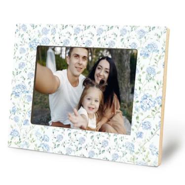 Imagem de Likjad Moldura floral de hortênsia azul, 12 x 17 cm, decoração de quarto de casa de campo, moldura rústica de madeira chinoiserie para decoração de casa, quarto, mesa, mesa, parede