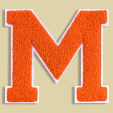 Imagem de QianSiLi Adesivos de letras universitárias de chenille laranja de 11 cm, letras grandes para jaquetas Letterman, moletons com capuz, mochilas, coletes, roupas, adesivos individuais da letra M