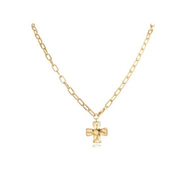 Imagem de Locrccl Colar de cruz grossa para mulheres, colar com pingente de cruz martelada em camadas de prata dourada, clipe de papel, corrente de pingente de espinha de peixe, gargantilha de cobra, joias