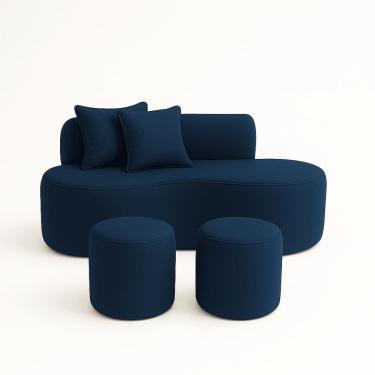 Imagem de Conjunto Sofá Curvo Orgânico + 2Puffs Nature Gaia Suede Azul Marinho  - Montanaris Decor