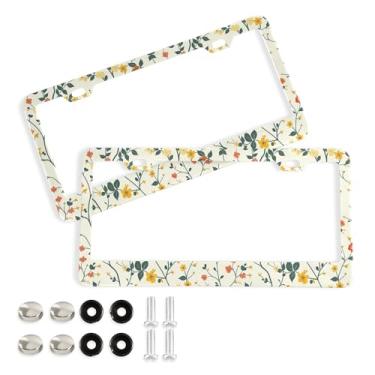 Imagem de SEHANY Molduras de placa de licença de flores florais coloridas, capas de moldura de placa de carro de alumínio à prova de ferrugem com orifícios elípticos e parafusos serve para veículos padrão dos
