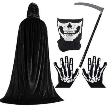 Imagem de Capa preta de 150 a 160 cm com capuz, foice, máscara de caveira, luvas, fantasias de Halloween Scream Grim Reaper de 2025 para adultos de 1,60 m a 1,80 m, Preto, G