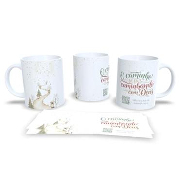 Imagem de Caneca Decorativa com Mensagem 'Que a Esperança Visite Seu Dia', Porcelana Branca, Design Floral Verde e Bege com Laço, QR Code (23204)