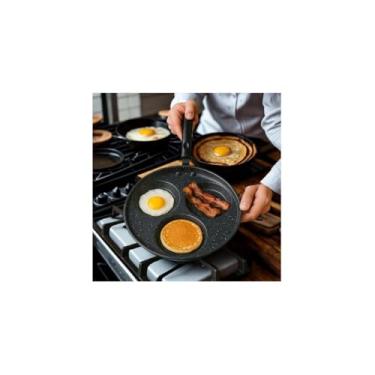 Imagem de Frigideira Antiaderente com 3 Divisórias, 23cm, Alumínio, Preta, Cabo Baquelite, Compatível com Indução